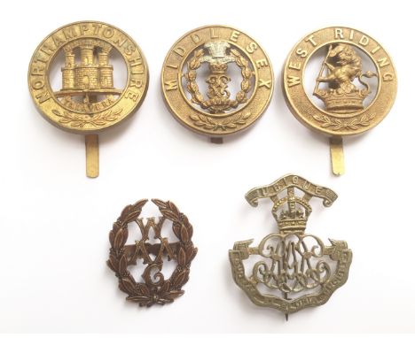 Northamptonshire, Middlesex & West Riding Regiments pagri badges. Die-stamped brass examples on long pagri sliders.... togeth