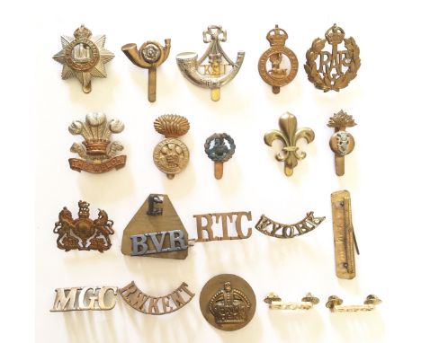 Selection of British Army Cap Badges etc. Including: Cap Badges. Devon ... KOYLI ... KSLI ... Hertfordshire ... RAF ... The W