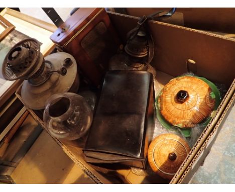 Mixed lot to include radio oil lamps cottage ware and a Polaroid camera 