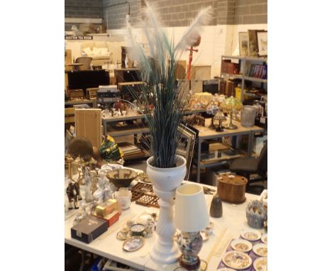 Lamp and a white raised planter with faux elephant grass CONDITION REPORT: The electrical items included in this lot have bee