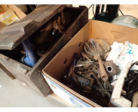 Wooden storage box with tools Bosch hand drill brass fire extinguisher wood planes etc and a further box of loose tools and b