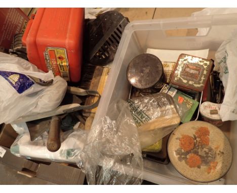 Five boxes of mixed tools and household items