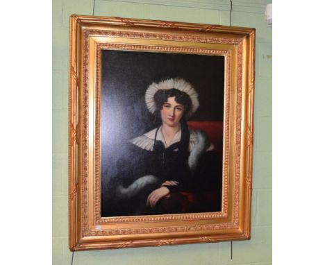 British School (19th century), Portrait of a lady with fur stole, oil on canvas, bears Christie's stencil verso, 91cm by 74cm