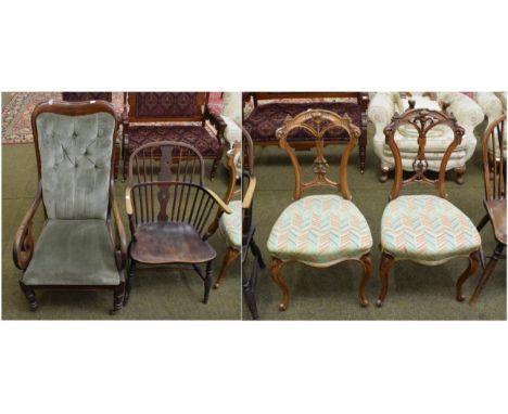 Pair of Victorian walnut carved side chairs; Victorian mahogany armchair; and a stick back armchair (4) 
