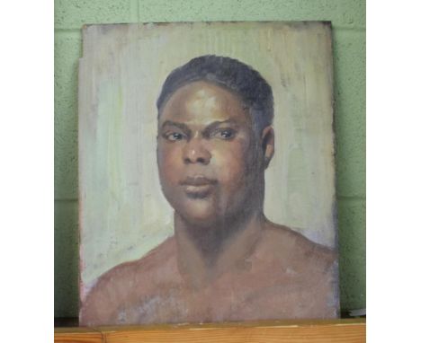 Modern British School, portrait study unknown black male sitter, head and shoulders bare chested, oil on panel, 41cm by 33cm 