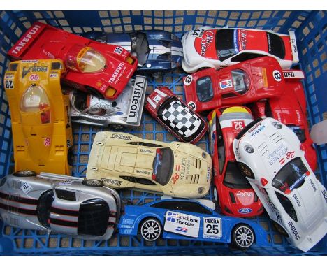 A box of Scalextric and other slot racing cars 
