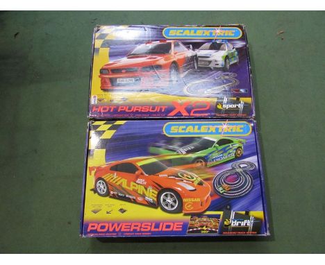 Scalextric Hot Pursuit set and Powerslide set, Subaru and Ferrari cars 