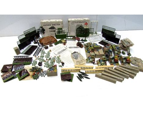 A good collection of Britains lead garden items including boxed garden shelter and span roof greenhouse 