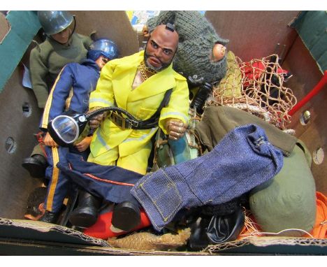 Three vintage Action Man figures and a quantity of clothing and accessories together with a Mr T doll 