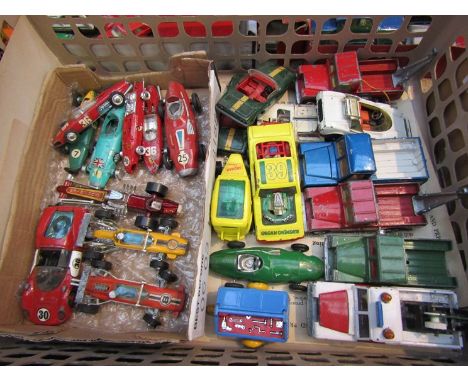 A basket of Corgi and Dinky racing cars and Land Rovers including Commuter Dragster and Organ Grinder 