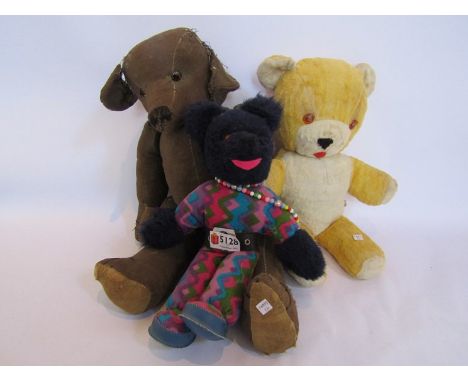 A Steiff style jointed bear for restoration, 1970's bear in colourful outfit and another