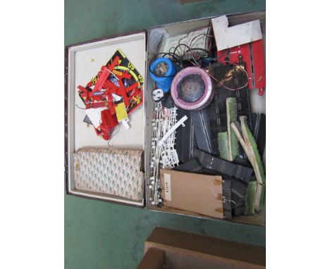A suitcase of vintage Scalextric including accessories, track, buildings etc 