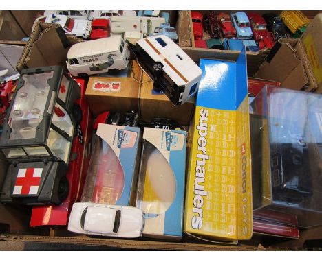 A box of boxed and loose diecast vehicles including Corgi Superhauler Eddie Stobart, Eligor Renault abd Citroen vans 