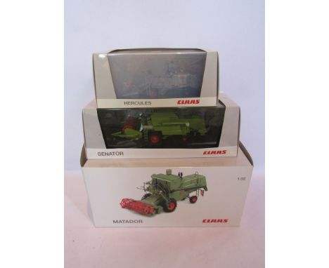 Two Schuco 1:43 scale diecast Claas combine harvesters and a 1:32 scale Universal Hobbies example 