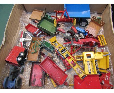 A tray of farm toys, Dinky, Corgi and Britains including Field Marshall tractor, motorcarts etc