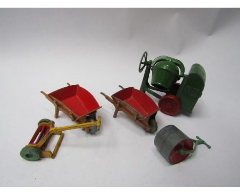 A Dinky grass cutter, garden roller, two barrows and green cement mixer 