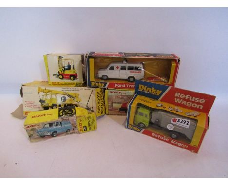 Six boxed Dinky diecast vehicles to include 970 Jones Fleetmaster Crane, 407 Ford Transit Van, 980 Coles Hydra Truck, 274 For