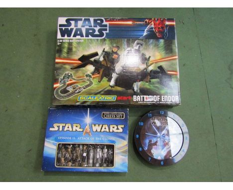 A Star Wars Scalextric Battle of Endor set, Star Wars chess set and Star Wars clock