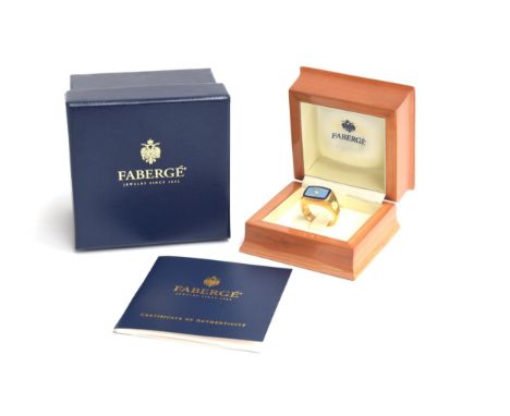 A Victor Mayer for Faberge 18ct gold ring, royal and powder blue guilloche enamel set with a central diamond, limited edition