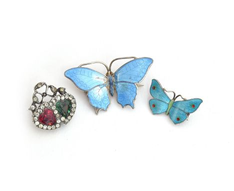 An early 20th century 900 silver and paste double heart brooch, 2.2cm wide; together with a Marius Hammer silver and enamel b
