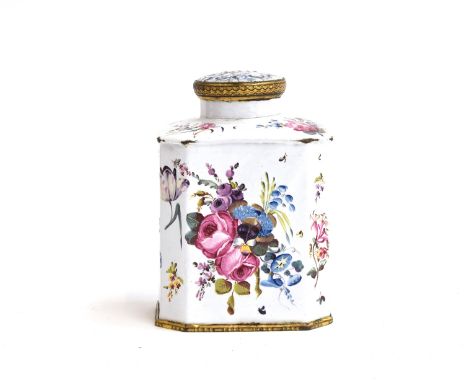 An 18th century South Staffordshire enamel tea caddy (af), of rectangular form with canted corners, hand painted with floral 