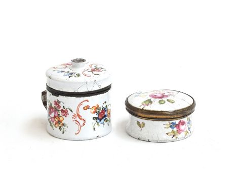 An 18th century South Staffordshire enamel string box and cover (af), with striped handle, decorated with floral sprays and r