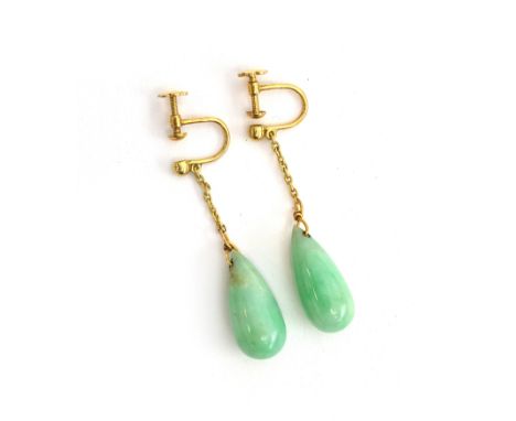 A pair of early 20th century 15ct gold and jade drop earrings, the jade drops 2cm long, gross weight 6.4g 