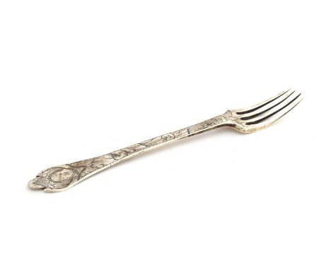 A 17th century trefid fork, engraved both sides, c.1690, 17.5cm long, 1.28oztProvenance: from a deceased estate, purchased fr