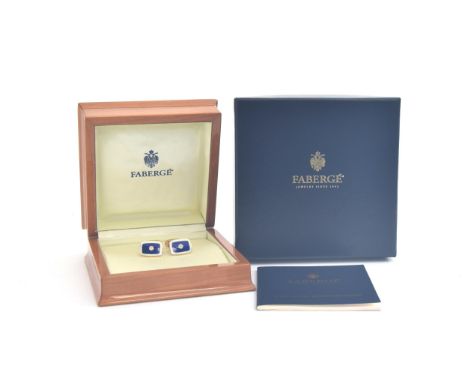 A pair of Victor Mayer for Faberge 18ct gold cufflinks, white and royal blue guilloche enamel set with central diamonds, limi