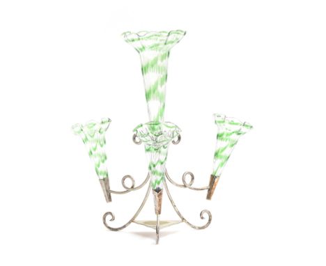 A silver plated and blown glass epergne centrepiece, the tulip shaped vases with green spiral pattern, marks for Benetfink &a