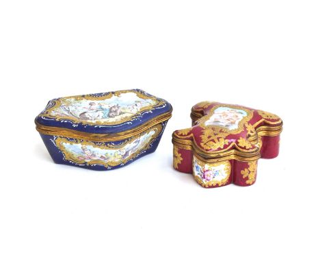 A French enamel trinket pot, cobalt blue ground with hand painted panels depicting Europa, the Bull and Cupid, white rococo s