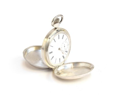 A. Lange & Sohne full hunter silver fob watch, white enamel dial with Roman numerals, outer minutes track, and subsidiary sec