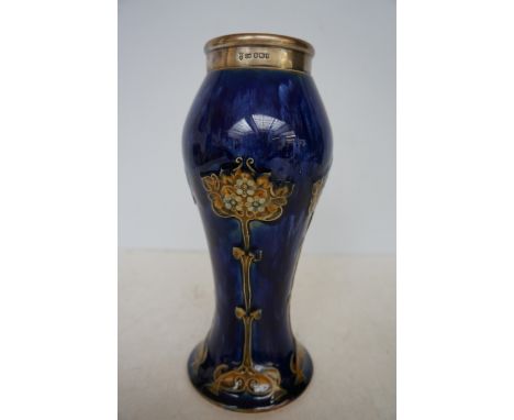 Early Royal Doulton Stone Ware Vase with Silver Rim, Severe Repair to Body (See Photos) - 24cm h 