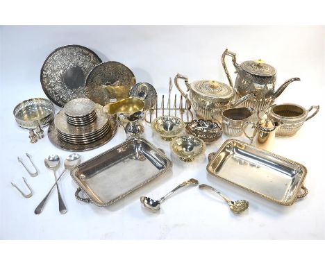 A Victorian electroplated half-reeded and engraved four-piece tea/coffee service, to/w a toast rack of triangular design in t