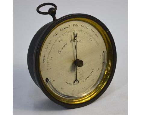 A 19th century brass drum-cased aneroid barometer, the silvered dial mounted with curved mercury thermometer, be E J Dent, Pa