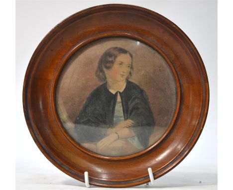 A Victorian watercolour portrait miniature of a young girl with red hooded cape, to/w a printed miniature of a young lady (2)