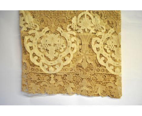 A vintage Madeira ecru linen cut-out work and needlepoint tablecloth/bedcover, 240 x 290 cm