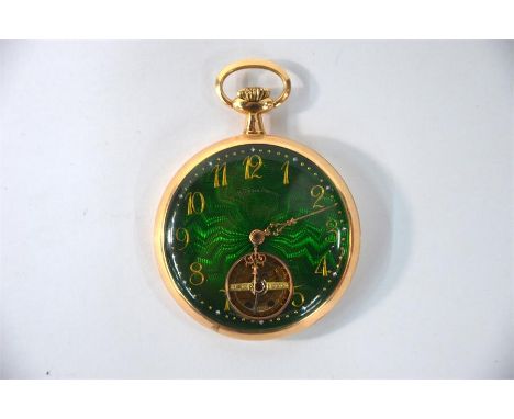 A Continental yellow metal open-faced pocket watch, the green basse-taille enamel dial with visible escapementh/l cracks to d