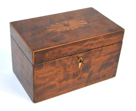 A Sheraton period inlaid mahogany tea caddy with oval fan marquetry medallion, 21 cm wide
