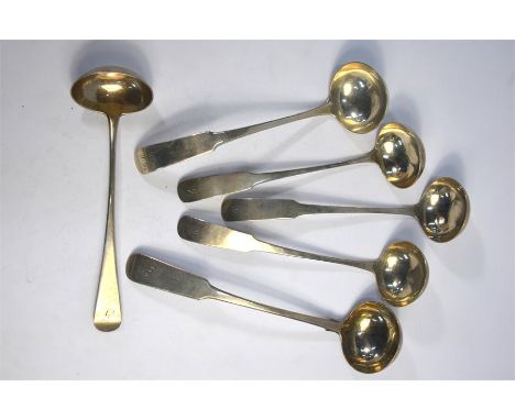 A Georgian Scottish provincial silver Old English pattern cream ladle, maker W J, Aberdeen, c. 1800-1820, to/w three fiddle p