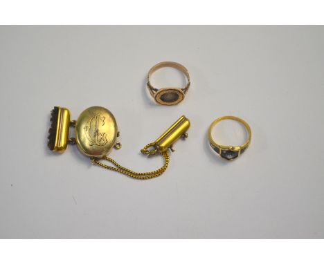 A Victorian black enamel and seed pearl Memento Mori ring and a gilt metal bracelet clasp, both in memory of Selina to/w yell