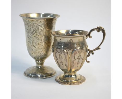 A Victorian richly-engraved silver beaker on stemmed foot, Robert Hennell, London, 1874, 3.8 oz, 11 cm high, to/w an ovoid lo