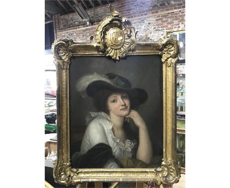 English school - Late 18th century/early 19th century portrait of a lady wearing Gainsbourgh hat, oil on canvas, 59 x 48 cm, 