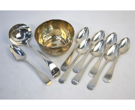 A matched set of eight George III Old English pattern silver teaspoons - seven Newcastle 1808, to/w a Victorian Old English p