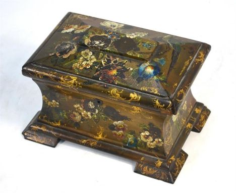 A Victorian floral painted papier mache tea caddy of sarcophagus form, 23 cm (fr) to/w a small leather writing case with fitt
