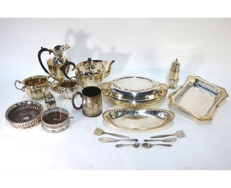 An epns three-piece silver tea service, to/w a hot water jug, two bottle coasters, entree dish and cover and other electropla