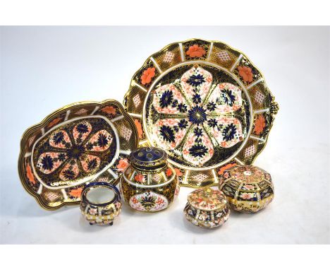 A small collection of Royal Crown Derby Imari decorated items, comprising: &nbsp;Two covered trinket pots, pattern 6299 &amp;