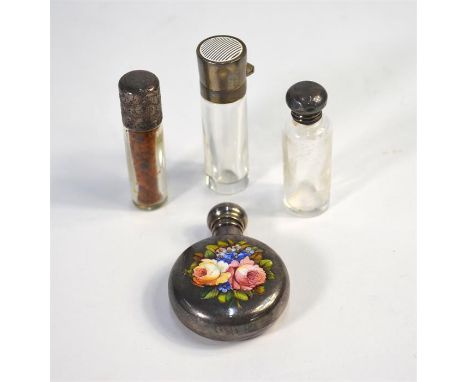 A Victorian silver moon-flask scent bottle with hinged bun cover, the body finely enamelled with a floral spray, Hilliard &am