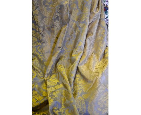 A pair of vintage hessian-lined damask brocade curtains, grey ground with gold foliate design, each curtain 390 cm wide (flat