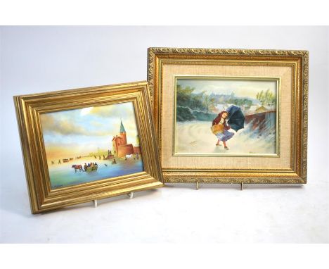 A ceramic plaque hand painted by Francis Clark - Skating and sledges on a Dutch frozen river, 12.5 x 16.5 cm and Girl with an